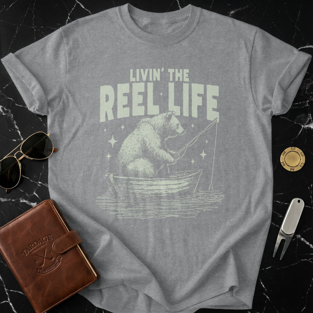 Livin' The Reel Life Bear Fishing Graphic Tee Shirt
