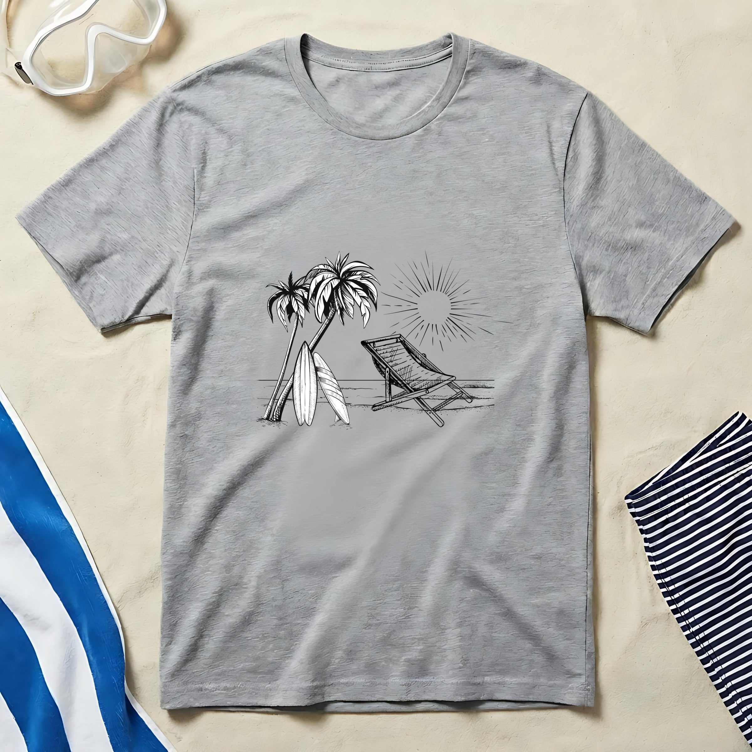 Beach Scene with Palm Trees Surfboards and Chair T-Shirt