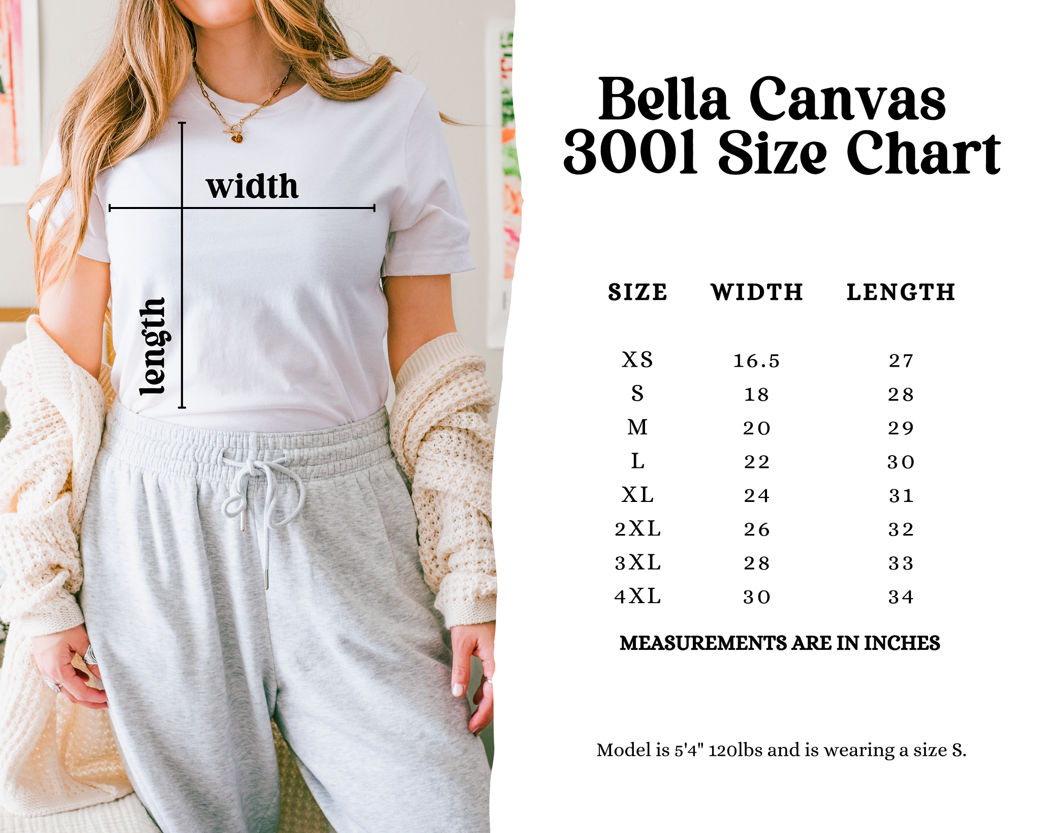 Bella Canvas 3001 Size Chart Inches Measurements product type