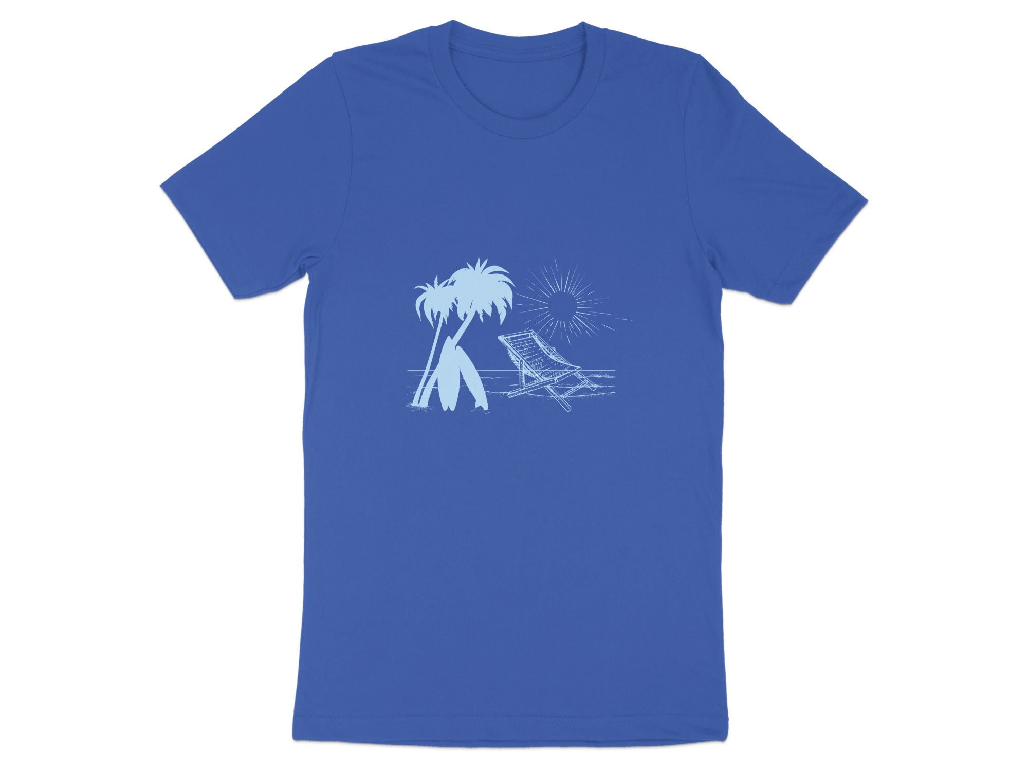 Blue Graphic Tee with Beach Surfboard and Palms Shirt