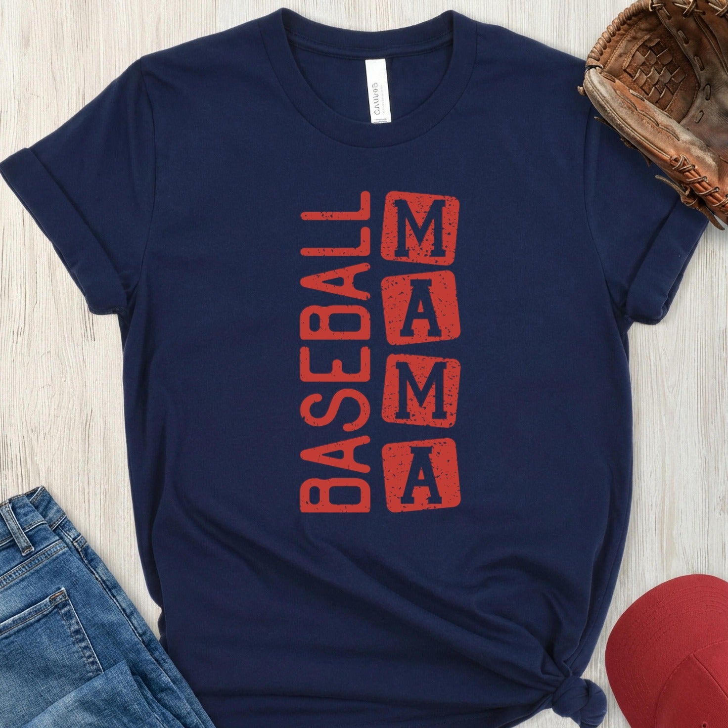 Navy BASEBALL MAMA Red Square Letters product type